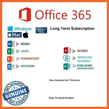 Office 365 Account (Long Term Subscription Pr Added) for 5 Devices (Choose your own Account ID)